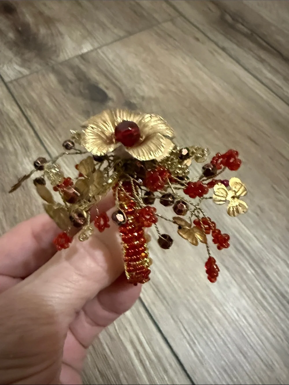 Pier 1 Gold and Red Beaded Metal Floral Napkin Rings - Set of 8  (3 total sets)